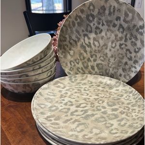 Grey/ taupe leopard print Melamine dinner set 6 plates 6 bowls